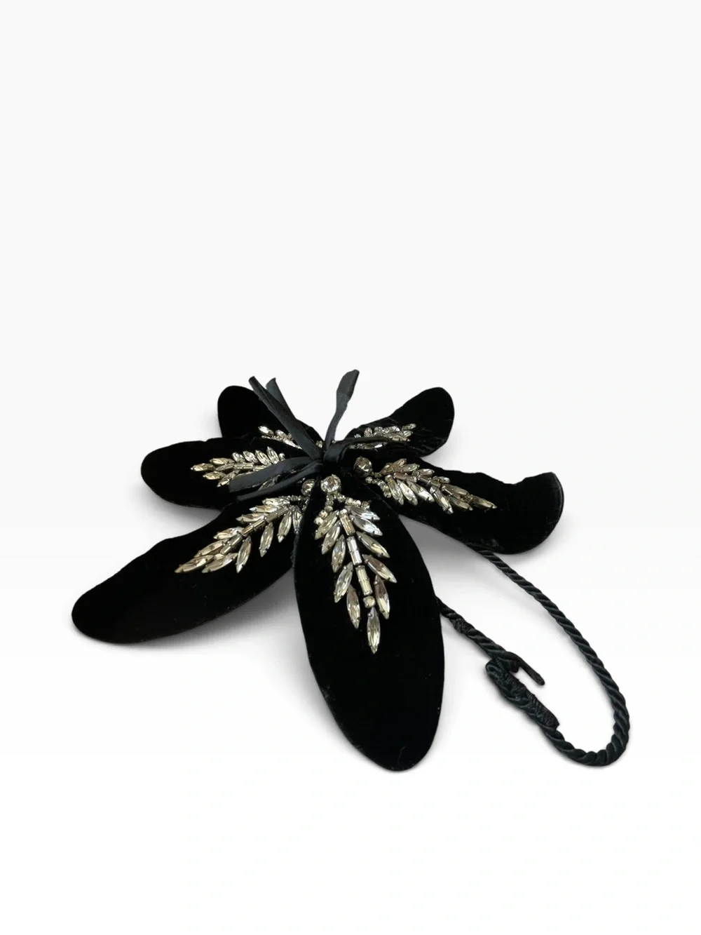 Vintage Black Velvet Rhinestone Flower Clip Brooch Ornament Gothic Glam